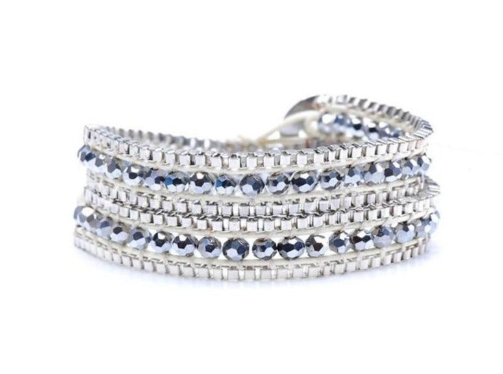 Sasha & Jo double wrap ivory cord with grey mirrored faceted beads and silver stainless steel chains