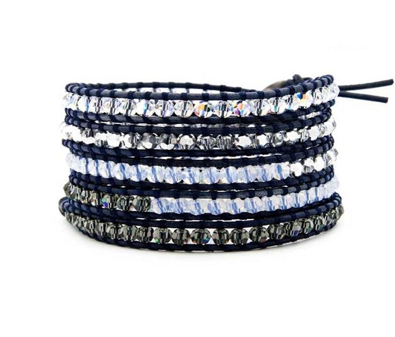 Sasha & Jo 5 wrap black leather bracelet with mixed crystal faceted beads