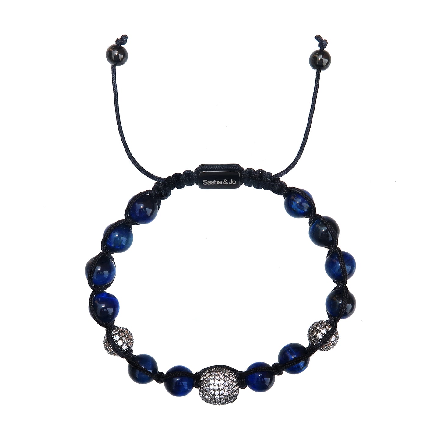 Sasha & Jo pavé titanium skull, pavé and blue tiger eye beads cord bracelet