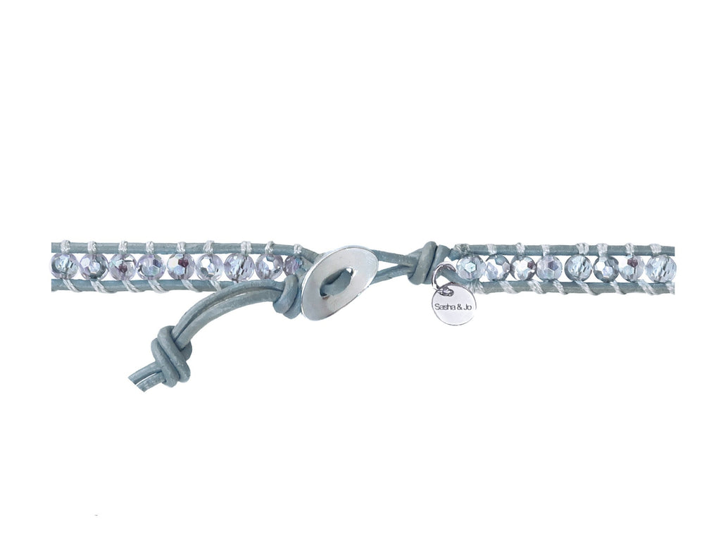 Sasha & Jo crystal grey leather double wrap with silver crystal faceted beads
