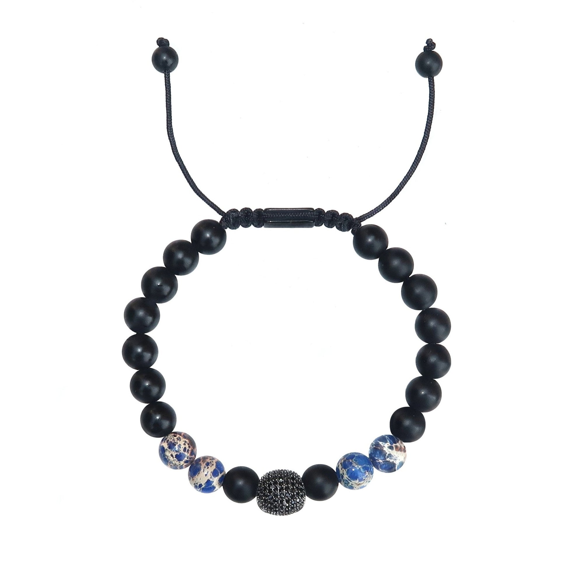 Sasha & Jo pavé titanium skull with blue imperial beads cord bracelet