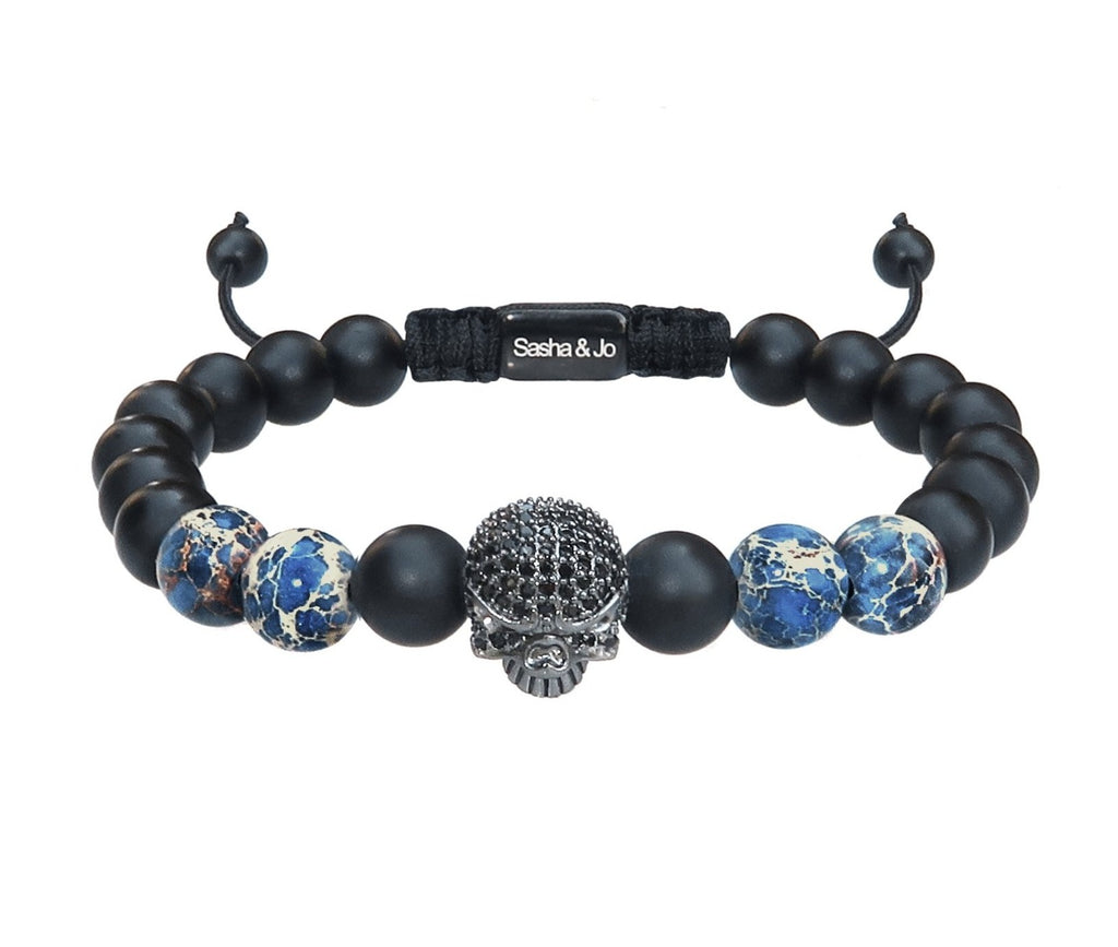 Sasha & Jo pavé titanium skull with blue imperial beads cord bracelet