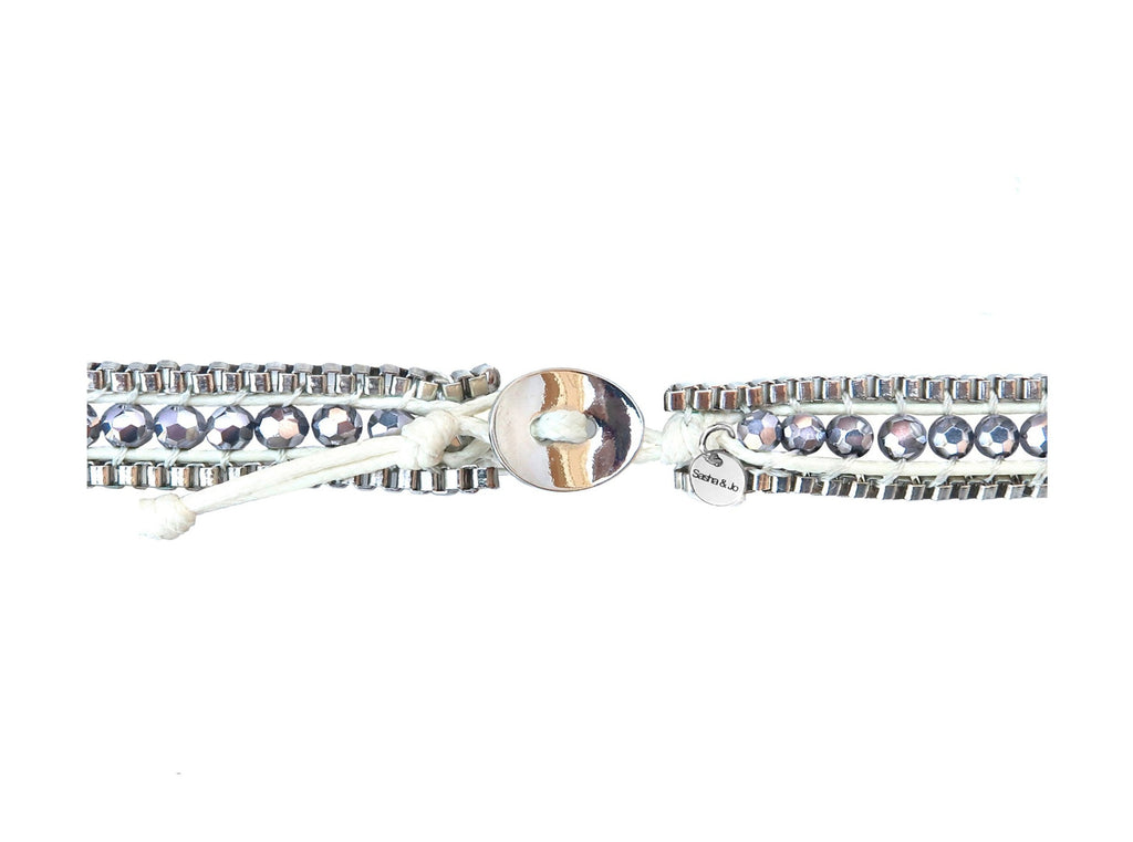 Sasha & Jo double wrap ivory cord with grey mirrored faceted beads and silver stainless steel chains