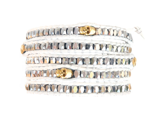 Sasha & Jo 5 wrap white leather bracelet with silver stainless steel beads and gold color skulls
