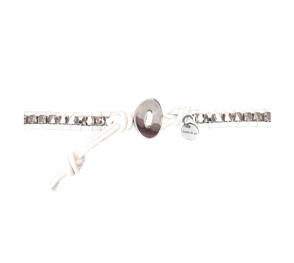Sasha & Jo 5 wrap white leather bracelet with silver stainless steel beads and gold color skulls