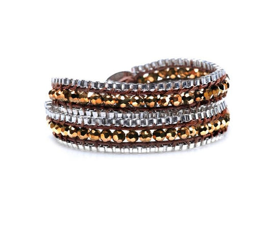 Sasha & Jo double wrap brown cord with bronze mirrored faceted beads and silver stainless steel chains