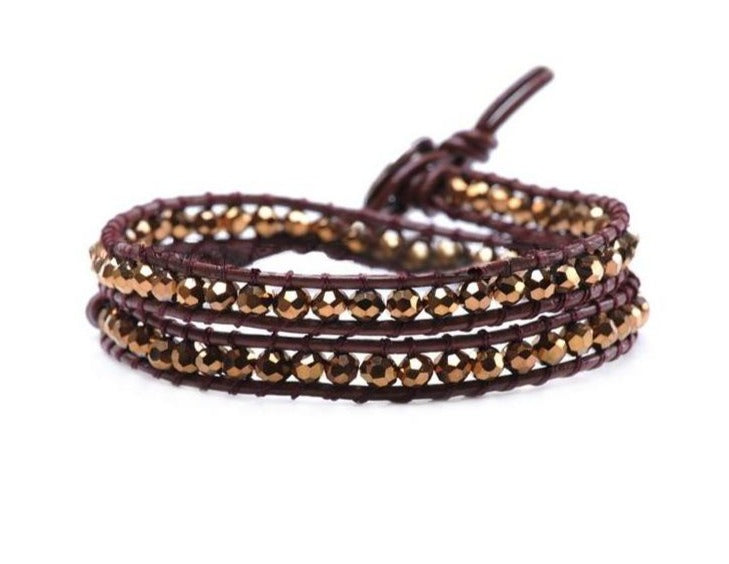 Sasha & Jo crystal brown leather double wrap with bronze faceted beads