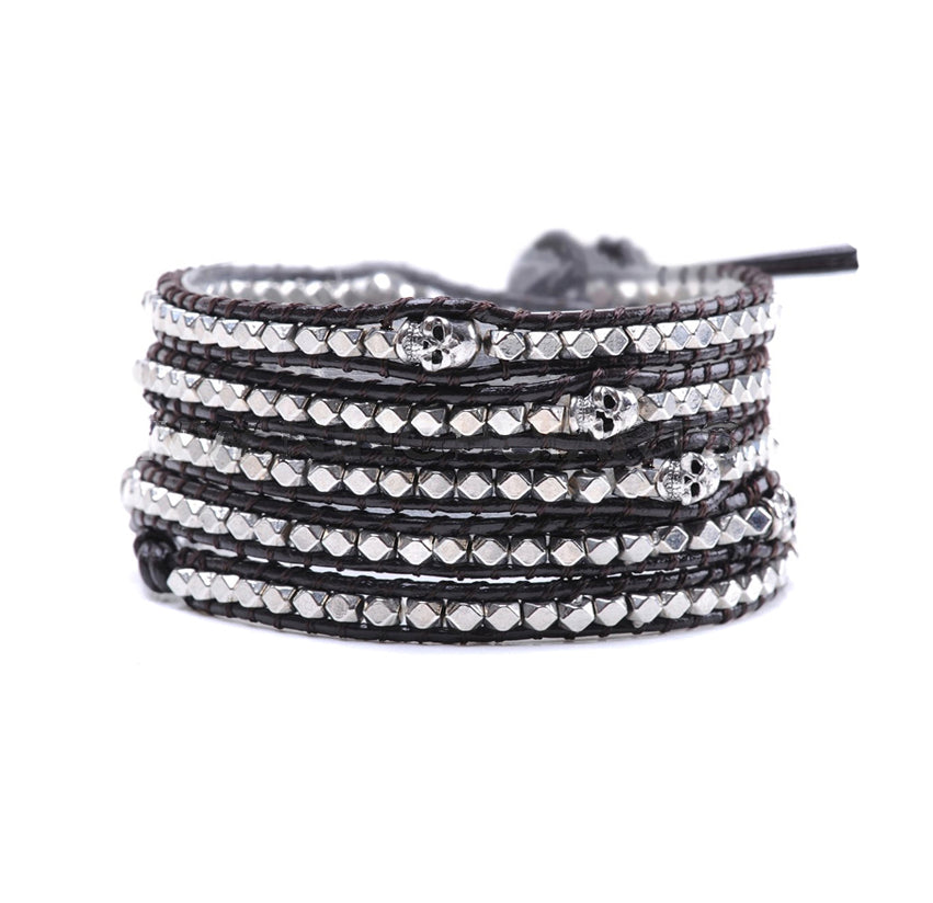 Sasha & Jo 5 wrap brown leather bracelet with silver stainless steel beads and skulls