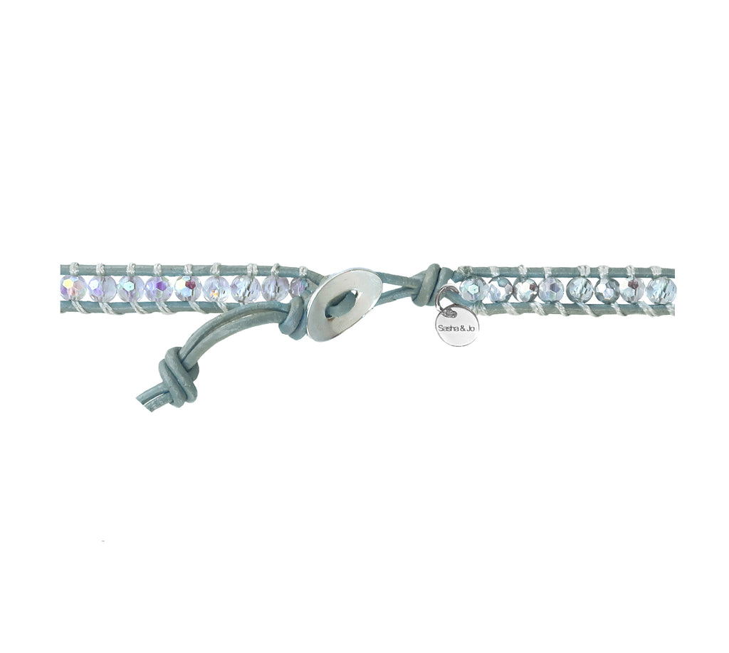 Sasha & Jo 5 wrap grey leather bracelet with mixed crystal faceted beads