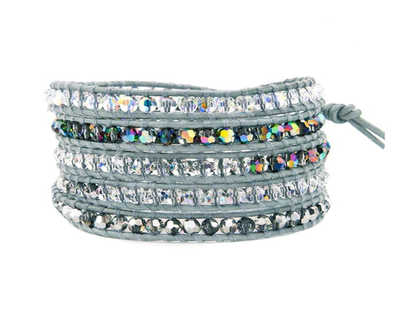 Sasha & Jo 5 wrap grey leather bracelet with mixed crystal faceted beads