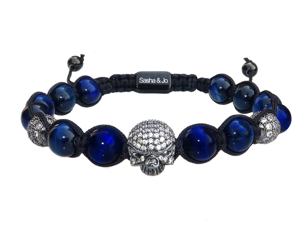 Sasha & Jo pavé titanium skull, pavé and blue tiger eye beads cord bracelet