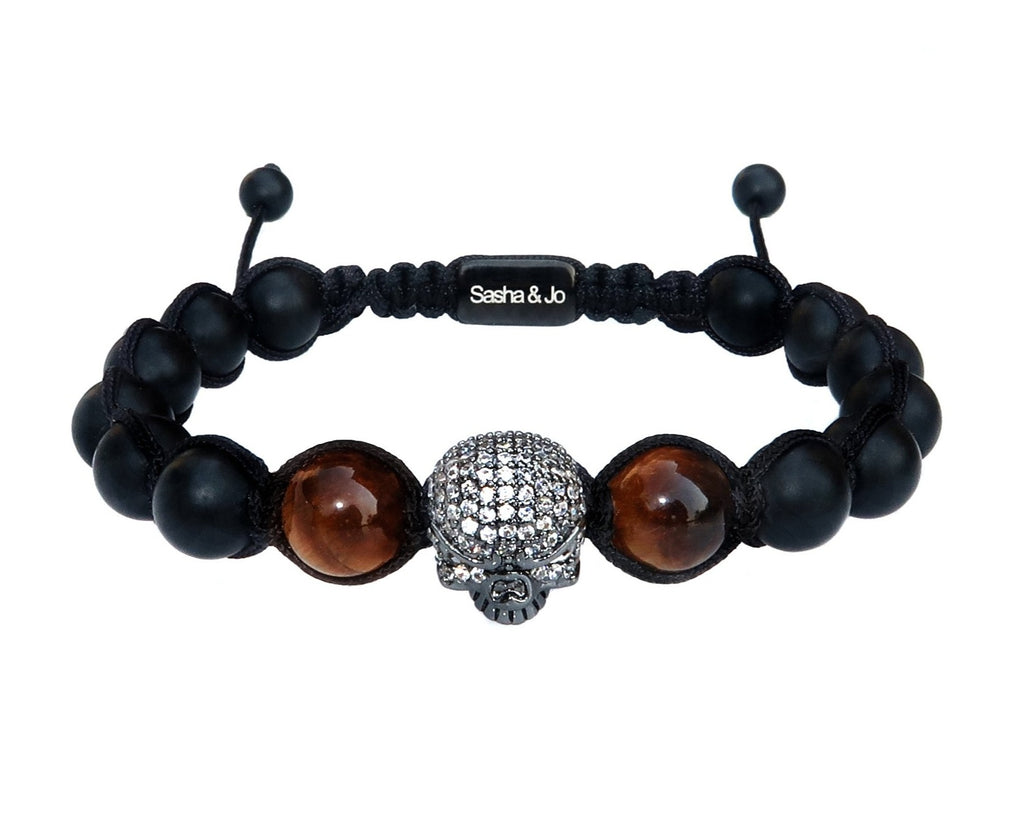 Sasha & Jo pavé titanium skull, black onyx and tiger eye beads cord bracelet