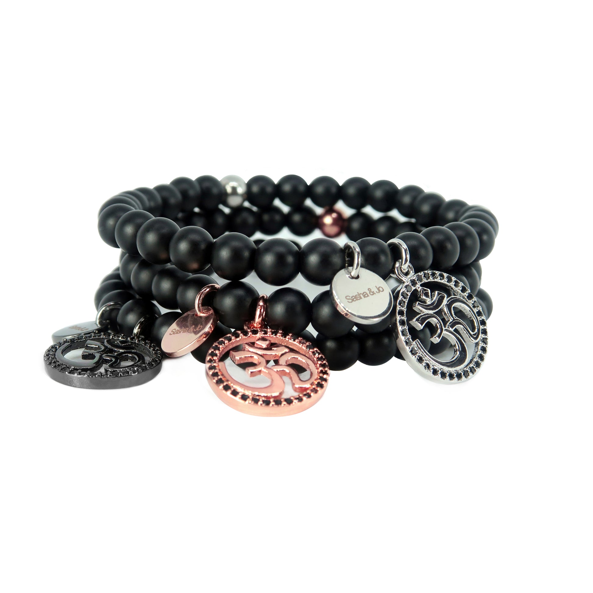 Sasha & Jo gunmetal Ohm charm with black rhinestones and onyx beads bracelet