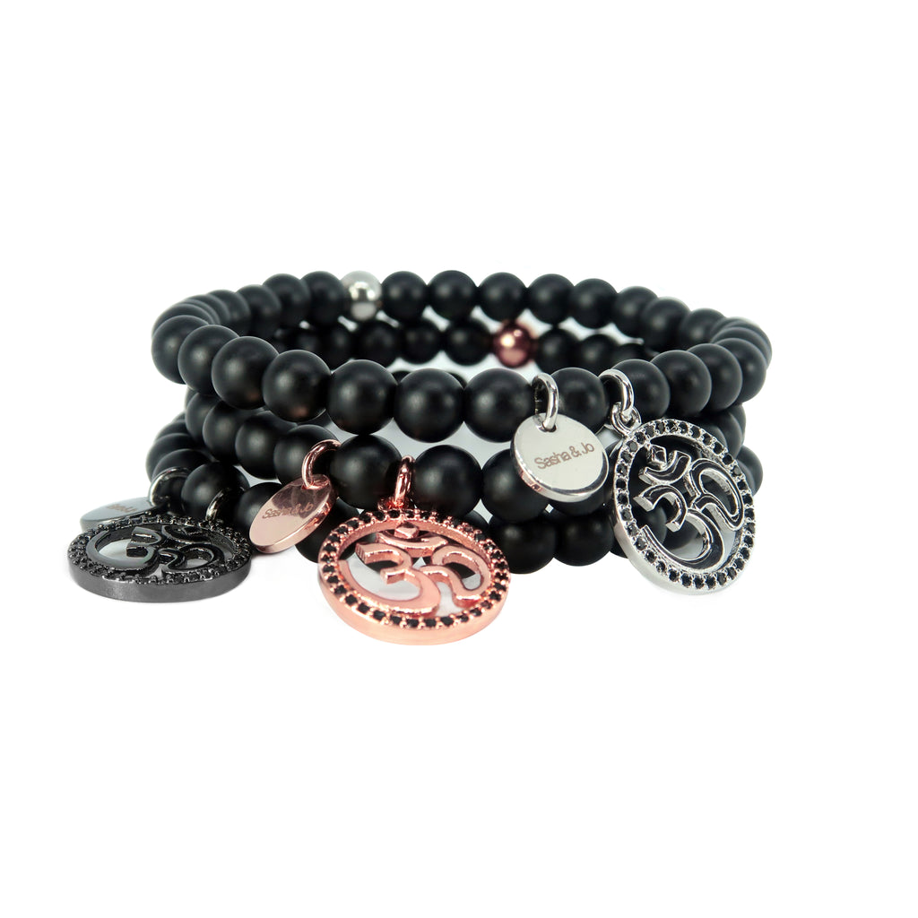 Sasha & Jo silver Ohm charm with black rhinestones and onyx beads bracelet